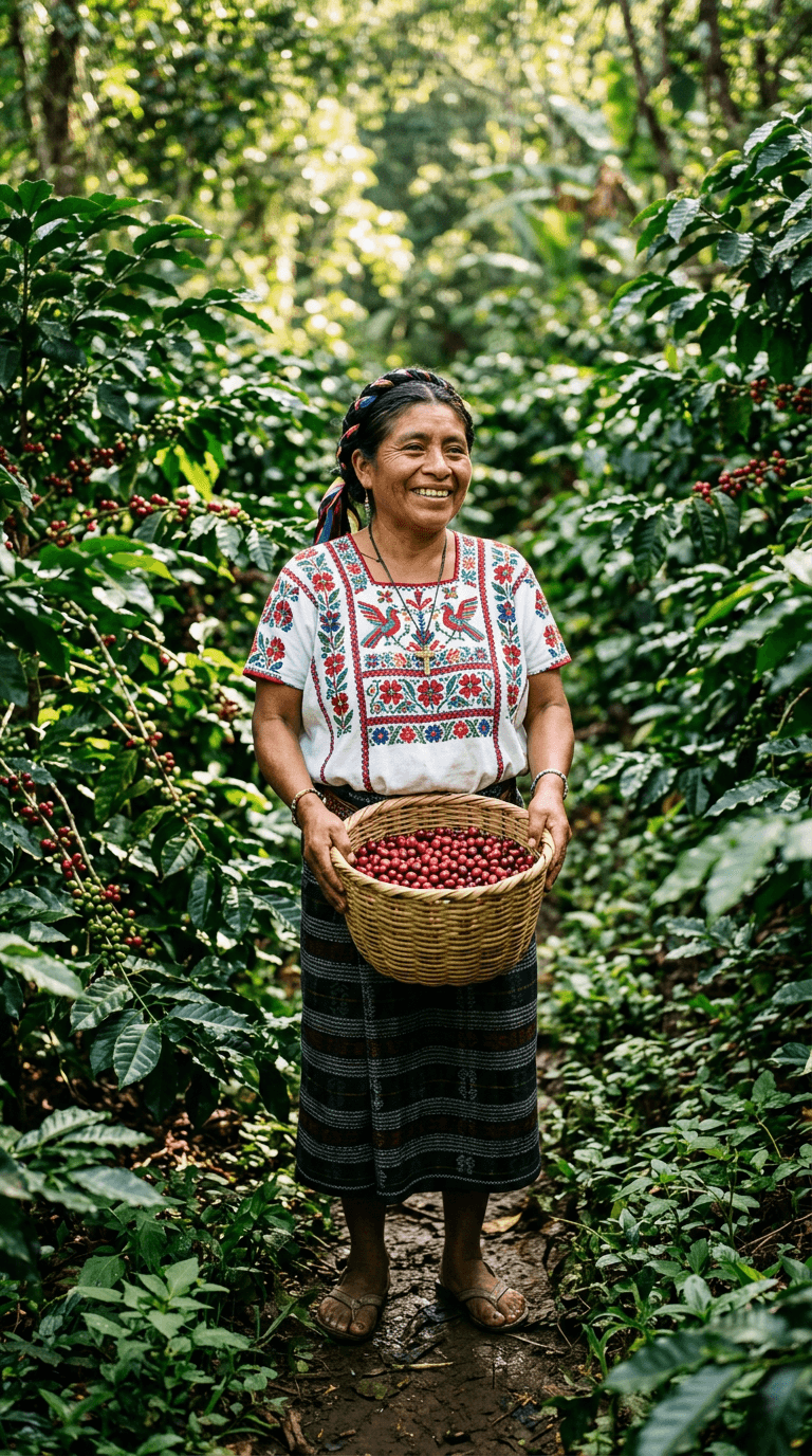 Productora chinanteca con huipil bordado sosteniendo una canasta de café cereza en la selva